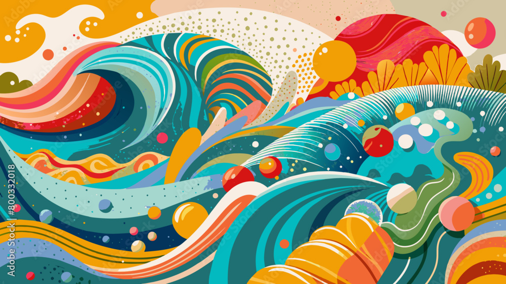 Vibrant Abstract Ocean Waves Illustration with Dynamic Swirls and Colorful Elements