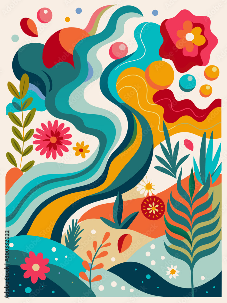 Vibrant Abstract Nature Art with Colorful Floral and River Motifs