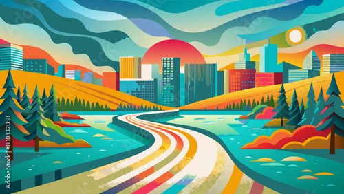 Vibrant Cityscape with Winding Road and Sunset Illustration
