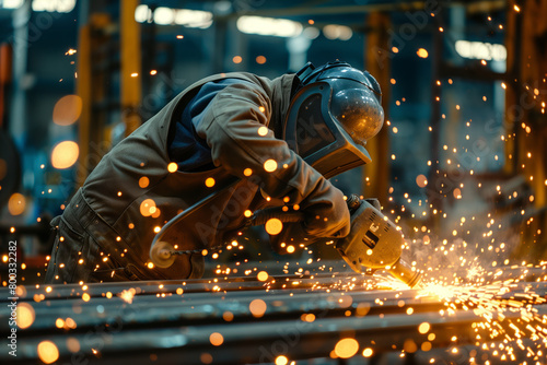 A worker in protective gear uses an angle grinder to cut metal, sparks flying around him as he works on the steel frame of his garage. 