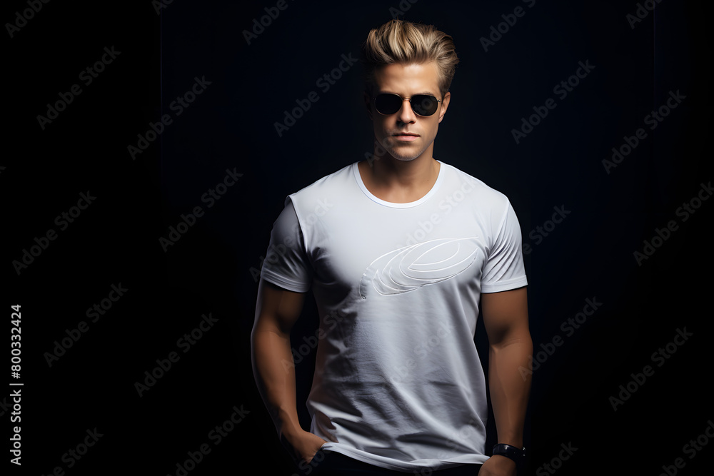 Branding for a men's fashion line with a mockup of a premium white cotton t-shirt, elegantly presented on a deep black backdrop  Generative AI,