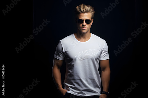 Branding for a men's fashion line with a mockup of a premium white cotton t-shirt, elegantly presented on a deep black backdrop  Generative AI,