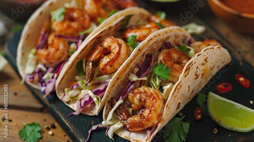 Spicy shrimp tacos with coleslaw and salsa. photo