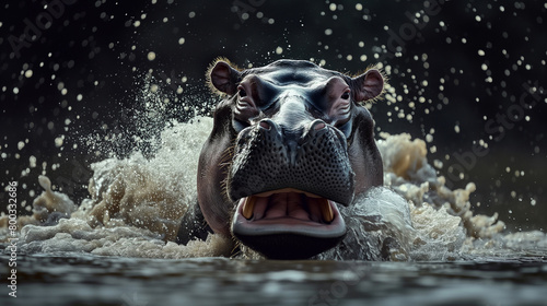 A captivating image of a hippopotamus emerging from water, mouth wide open, creating a dramatic splash, set against a dark background.  © krit