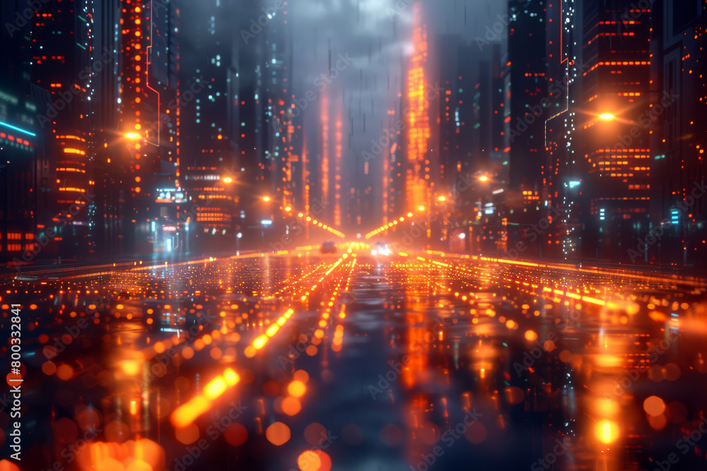 A modern city skyline glows under the night sky, its streets alive with the vibrant red streams symbolizing the speed of 5G