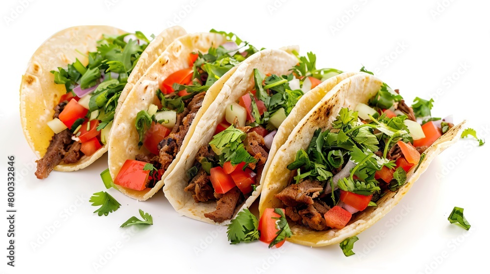 Traditional Mexican tacos with meat and veggies on white background. Traditional Mexican tacos with meat and veggies on white background.