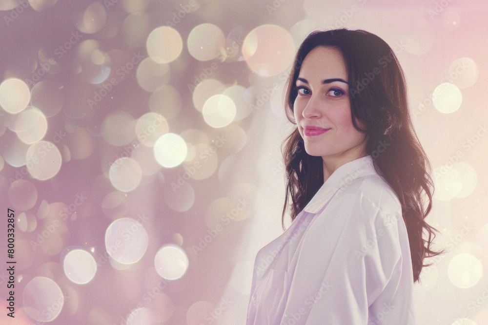 Fototapeta premium Young happy female doctor standing in medical hospital background. Woman physician therapist or obstetrician wearing uniform looking at camera in clinic. Healthcare medicine concept. Portrait.