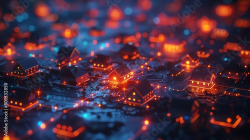 An abstract illustration of a smart city with glowing houses and lights representing the flow of data and information.