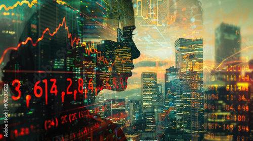 Business man investor thinking on financial exchange business investment risks management strategy on global market data world trade charts ai technology background concept. Double exposure.