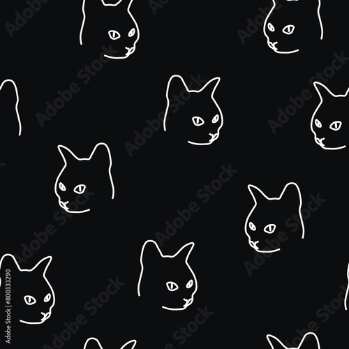 Seamless pattern hite cat faces on a black background. Drawn funny cartoon cats, repeating ornament. vector design eps 10