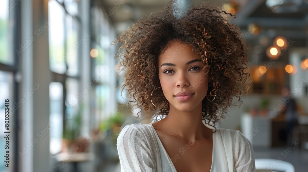 Woman With Curly Hair Standing in Front of a Window Woman With Curly Hair Standing in Front of a Window