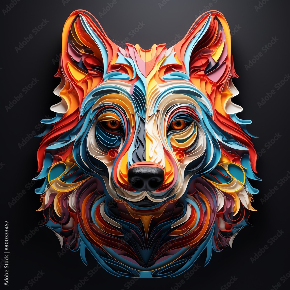 Create a digital art piece of a wolf made out of flowing ribbons in bright complementary colors.