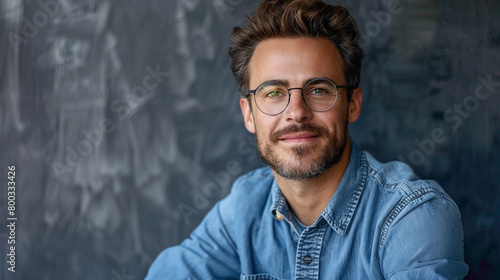 A Close up portrait of smiling handsome man in round glasses and blue shirt isolated on gray textured wall photo