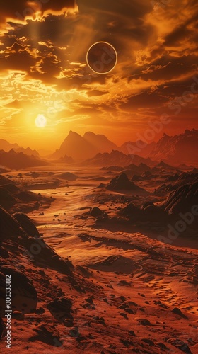 Desert landscape on alien planet sand dunes and sun set in background. Science fiction scene.