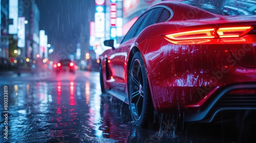 Red Sports Car Parked on City Street in Rain © easybanana