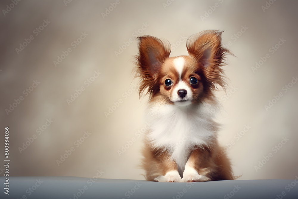 Inviting portrait of a small, cute pet on a soft, neutral backdrop, in minimalist style, suitable for pet event invitations. Generative AI,