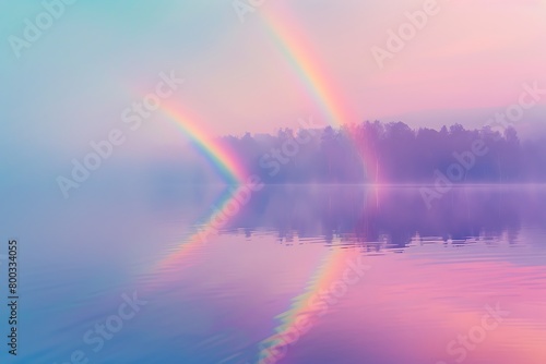 Pastel gradient backdrop illuminated by a double rainbow, casting a vibrant reflection on a still lake.