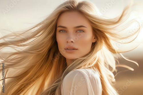 Close-up portrait of a woman in long straight hairs blowing. Perfect image for hair care and cosmetic products. Copy Space for text and branding.