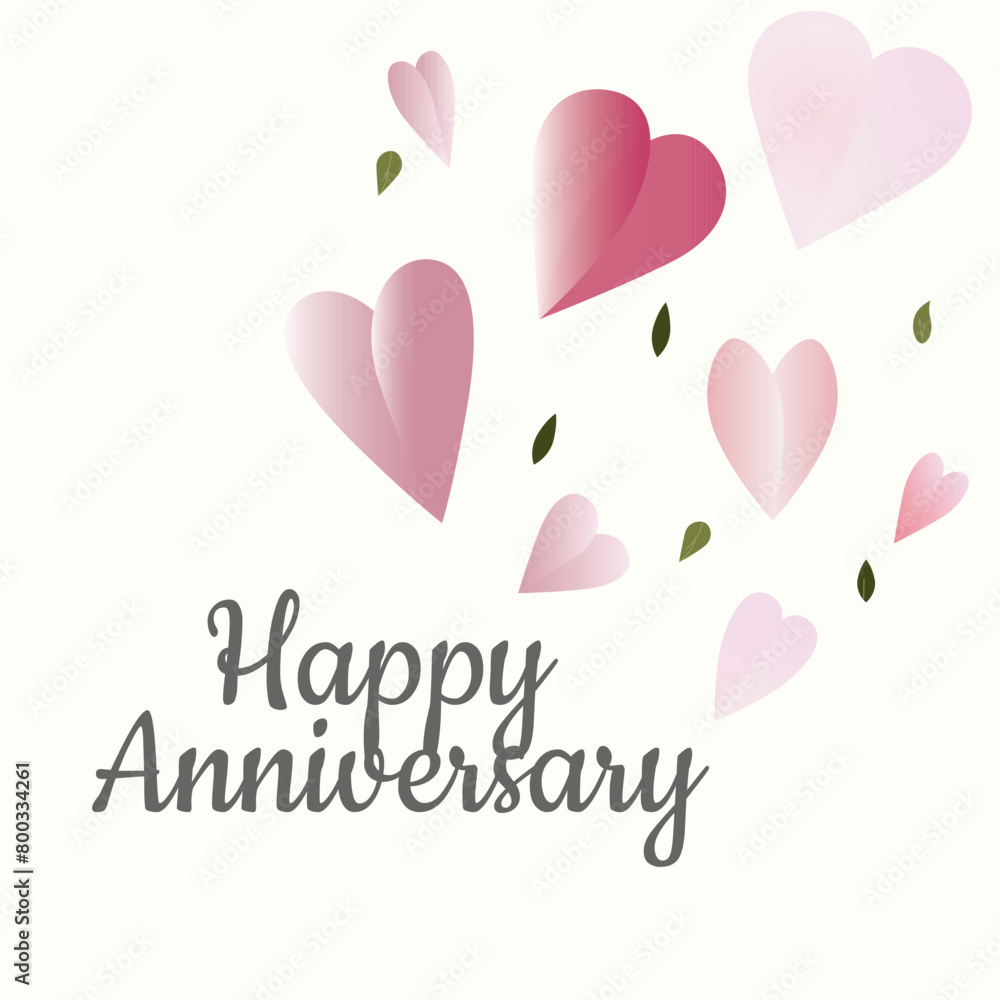 Anniversary Card with Hearts and Words. Anniversary, celebration, holiday, event, festive, congratulations concept. Vector illustration.