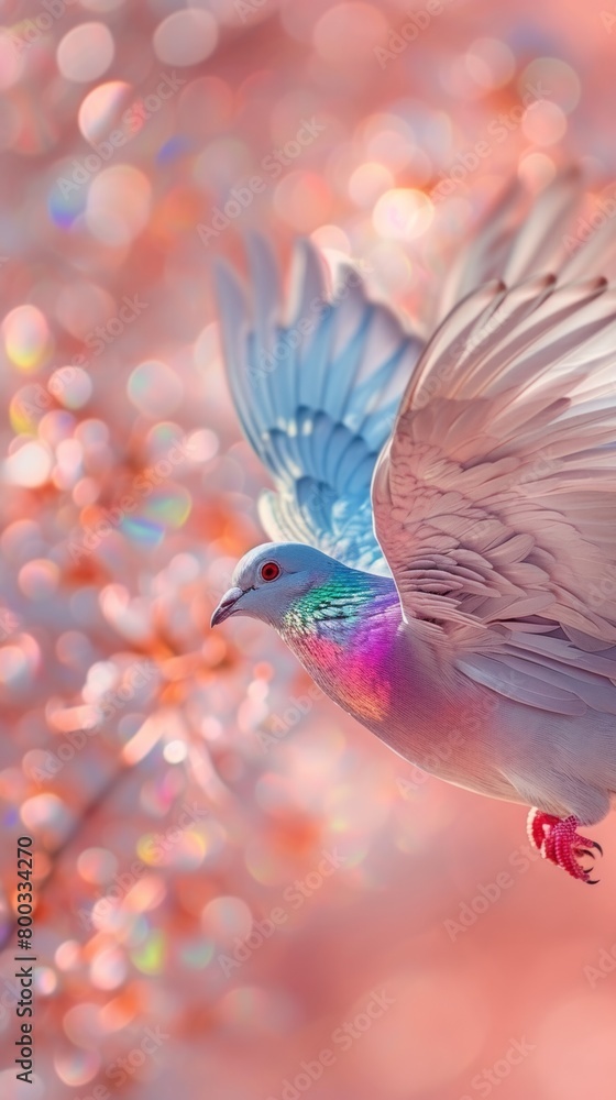 Close-up of a colorful pigeon in flight with a bokeh background Close-up of a colorful pigeon in flight with a bokeh background