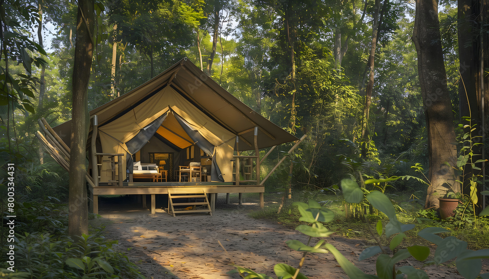 Surrounded by lush greenery, a bungalow tent lies, providing a cozy and rustic accommodation