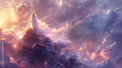 A Majestic Angelic Figure Stands Atop a Cloud-Covered Mountain Peak in a Radiant,Ethereal Landscape