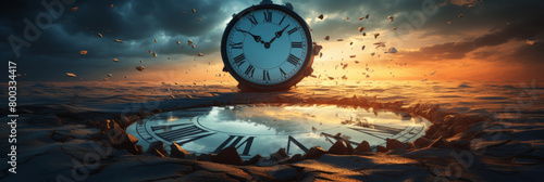 Surreal Sunset with Big Clock Reflection and Disintegrating Time. Massive Clock in Barren Desert. Generative AI