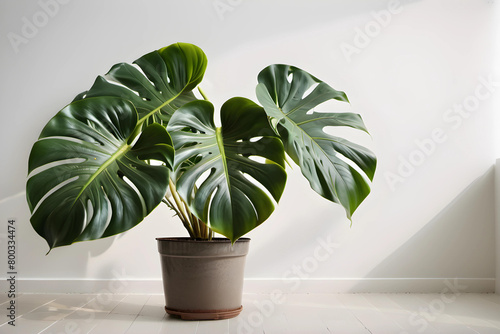 An Illustration of monstera Indoor plant in planter in the minimal room, for room decor inspiration idea. photo