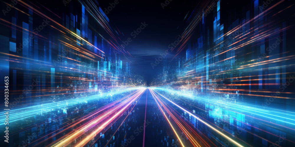 Futuristic Urban Cityscape With Streaking Neon Lights. Hyperspace Travel. Cybernetic Background. Generative AI Futuristic Urban Cityscape With Streaking Neon Lights. Hyperspace Travel. Cybernetic Background. Generative AI