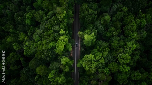 Aerial Perspective of Winding Road Through Dense Pine Forestland photo