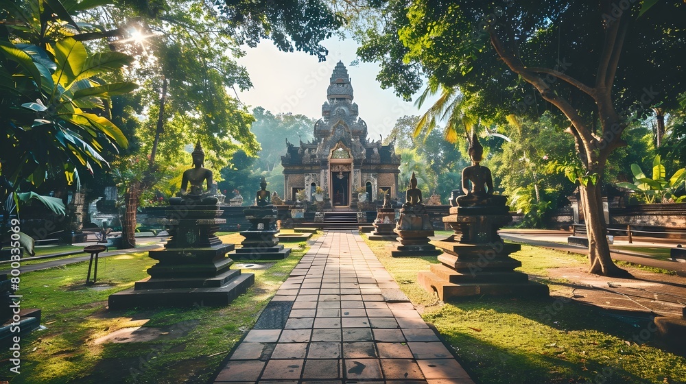 Fototapeta premium Serene Historic Temple in Lush Tropical Gardens of Thailand Showcasing Intricate Stone Carvings and
