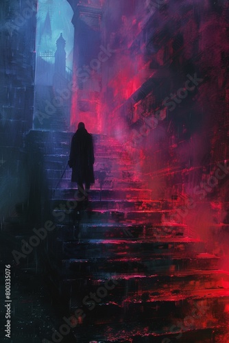 A man walking down a set of stairs in the dark  AI