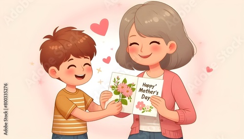  Mom's Special Day - Son's Heartfelt Mother's Day Card
A young boy proudly presents a homemade Mother's Day card to his smiling mother. Captured in a heartwarming scene