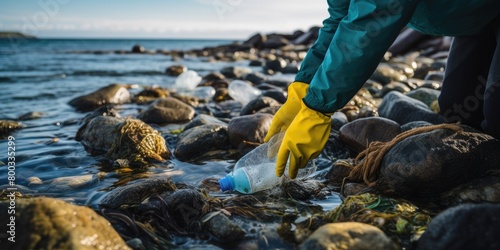 Environmental Guardian: Volunteer in Protective Gloves Cleaning Shoreline by Picking Up Plastic Bottle photo