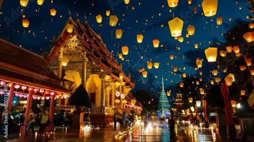 Nighttime Festival at Thai Temple with Floating Lanterns and Vibrant photo