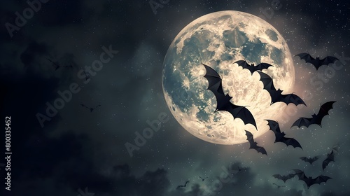 Dramatic Gothic of Bats Swarming Against a Radiant Full Moon in a Starless Night Sky
