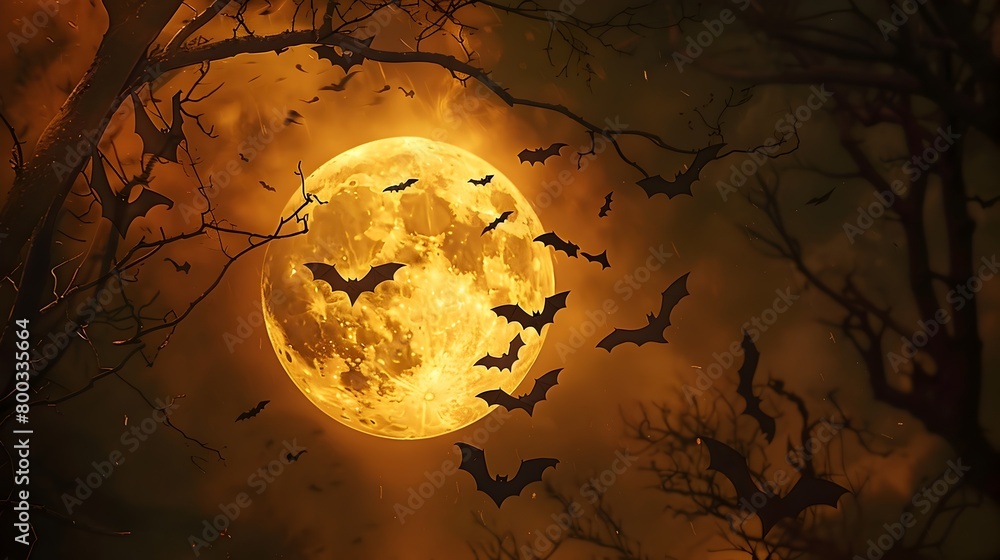 Swarm of Bats Emerging From Shadows Outlined by Harvest Moon