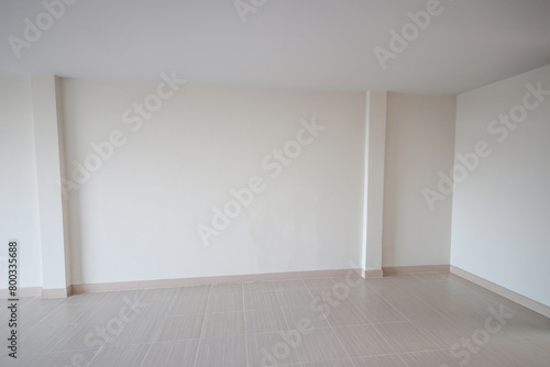 White room for the background. empty room interior  white mortar wall and clean tile floor in a new house