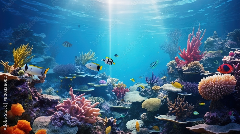 Beautifiul underwater panoramic view with tropical fish and coral reefs
