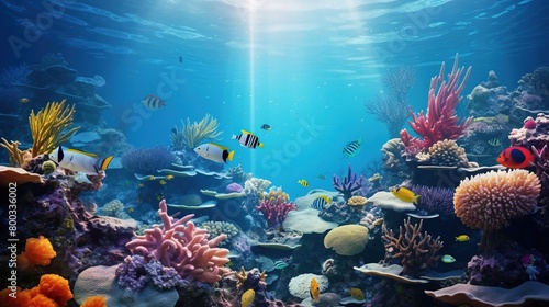 Beautifiul underwater panoramic view with tropical fish and coral reefs 