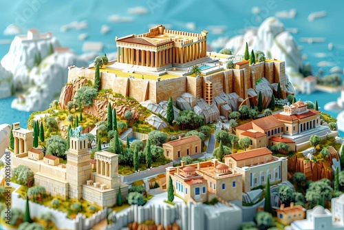 The ancient city of Athens, Greece, in miniature. The Parthenon is on the hilltop, surrounded by other buildings and greenery. photo