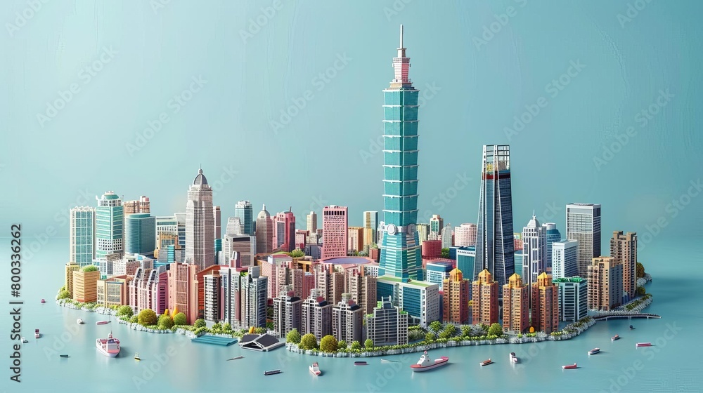 Obraz premium Miasto izometryczne. Uczyń je kolorowym i żywym. Miasto powinno być otoczone wodą.