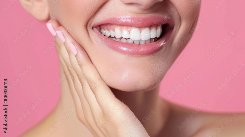 Fototapeta premium Woman showing her smile, oral health concept generative ai