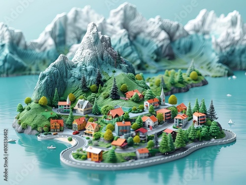 Generate a 3D rendering of a small European-style town on an island in the middle of a lake
