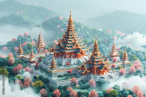 An ancient oriental temple complex nestled in the misty mountains