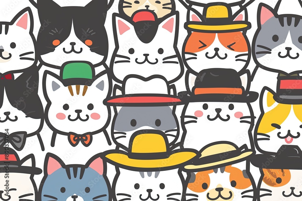 Purrfectly Hat-tastic: Adorable Cat Crew in Various Hats,Furry Hat Parade: Cute Cartoon Cats Steal the Show