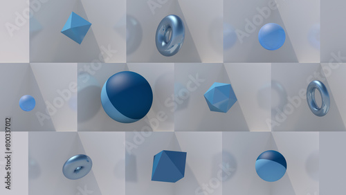 White blocks and group of blue geometric shapes. Hard light. Abstract illustration, 3d render.