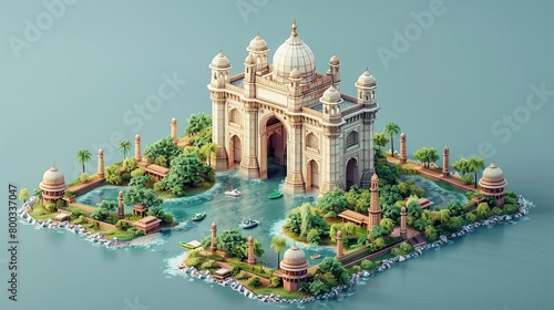 Create an isometric illustration of the Gateway of India, an arch monument built in the early 20th century in Bombay, India. The monument is surrounded by water. photo