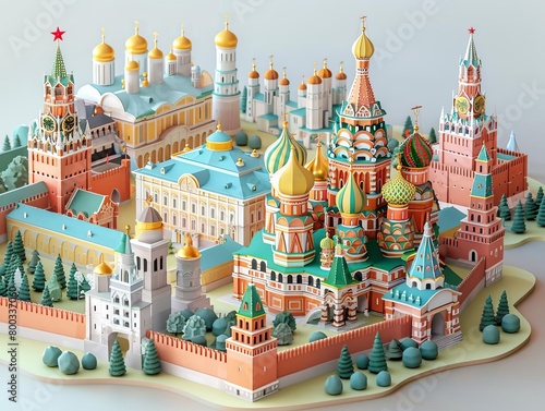 An isometric illustration of the Moscow Kremlin, a complex of buildings in the heart of Moscow, Russia, that serves as the official residence of the President of the Russian Federa