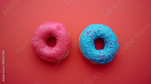 Sweet pink and vibrant blue donuts on bold red background, delicious dessert concept
